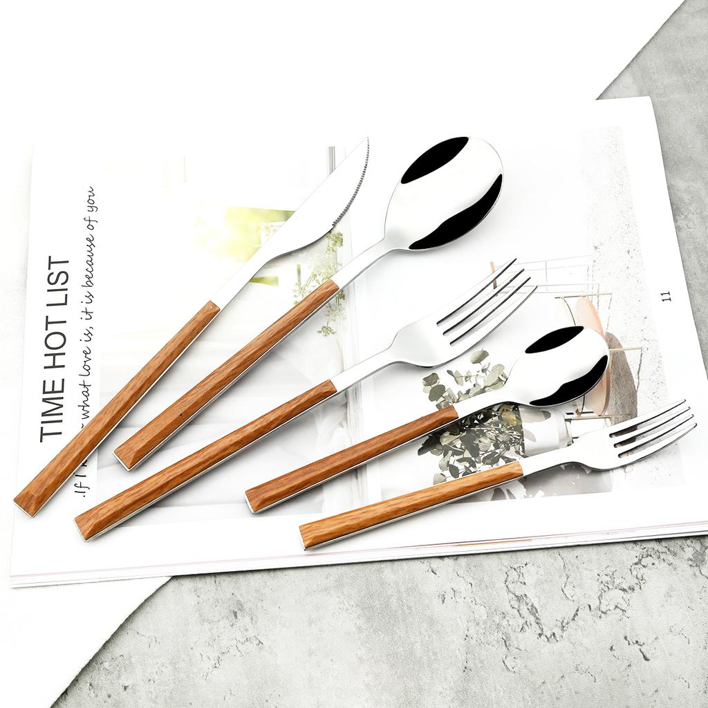 16/24/30Pcs Gold Imitation Wooden Handle Dinnerware Cutlery Set Stainless Steel Tableware Knife Fork Spoons Silverware Western Flatware