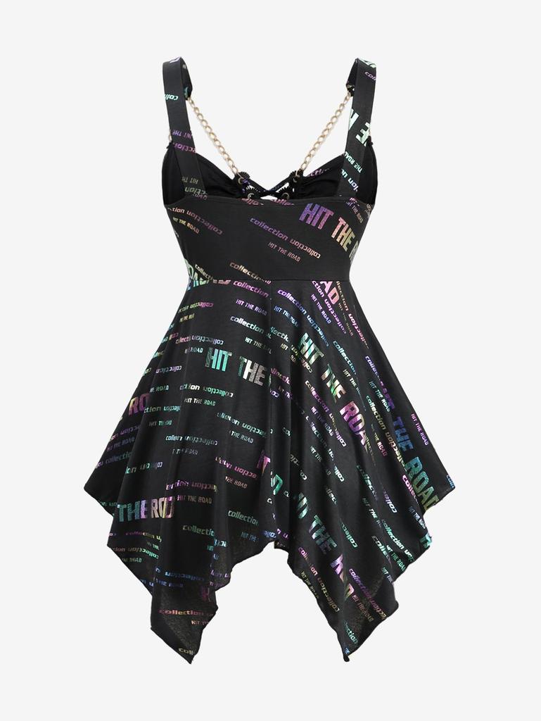 Rosegal Плюс Размер Омбре Блестящий Буквенный Принт Зашнуровать Цепочку Носовой Платок С Открытой Спиной Асимметричная Майка