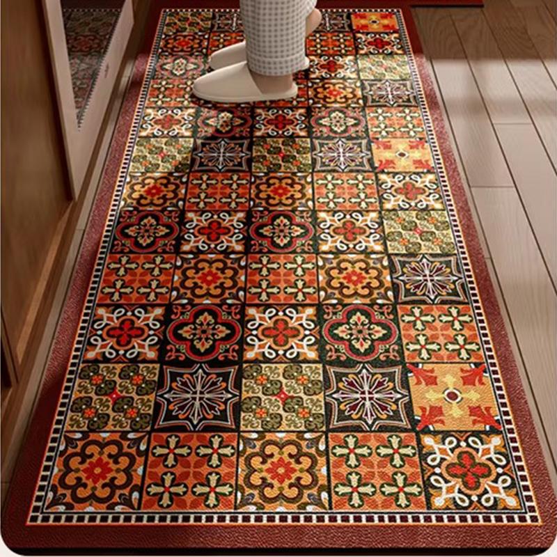 Kitchen Rug Anti-slip Waterproof Floor Mat Long PVC Leather Oil-proof Stain-resistant Carpet Vintage Style Home Decoration Rugs