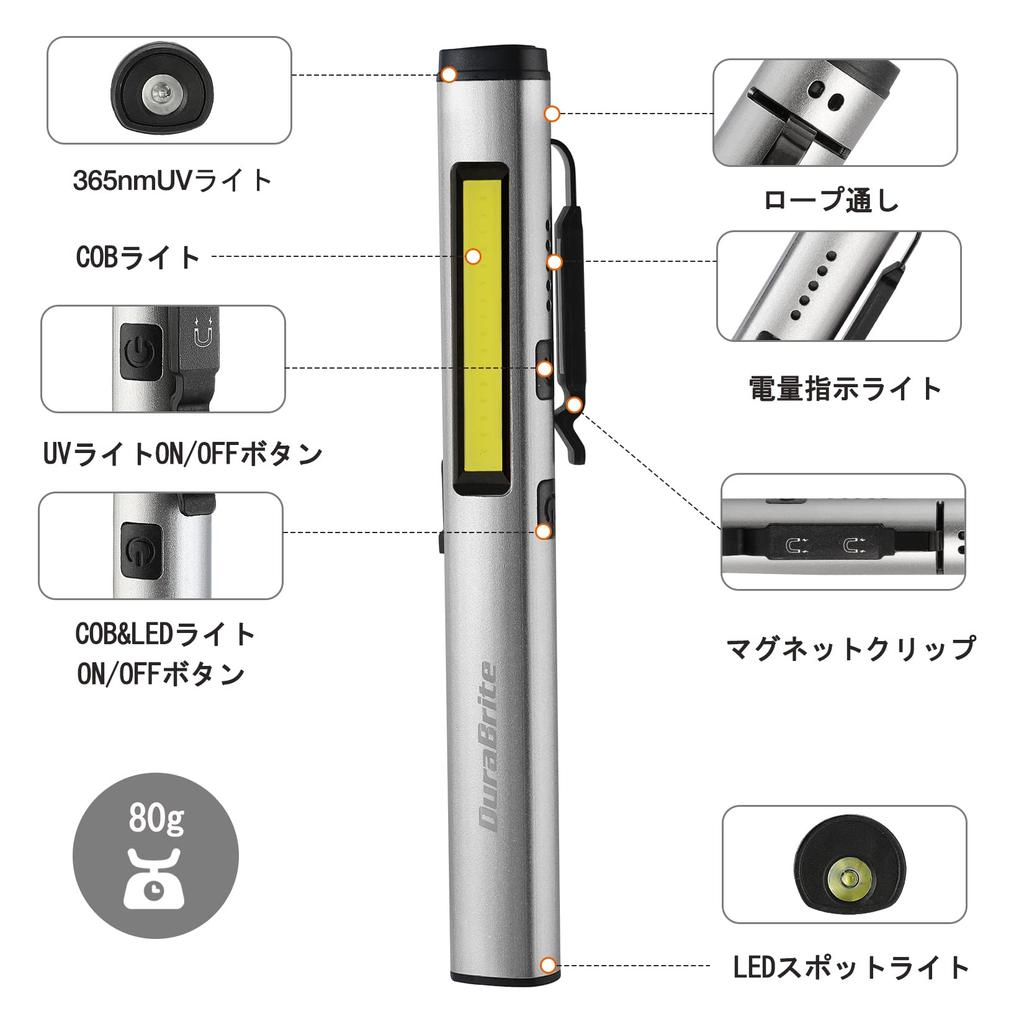 Ручной светодиодный фонарик DuraBrite COB 365 нм УФ USB Компактный и идеальный для минералов и флуоресцентного отбеливателя Серый фонарик, Фонарик, Ручка-фонарик, Прожектор,