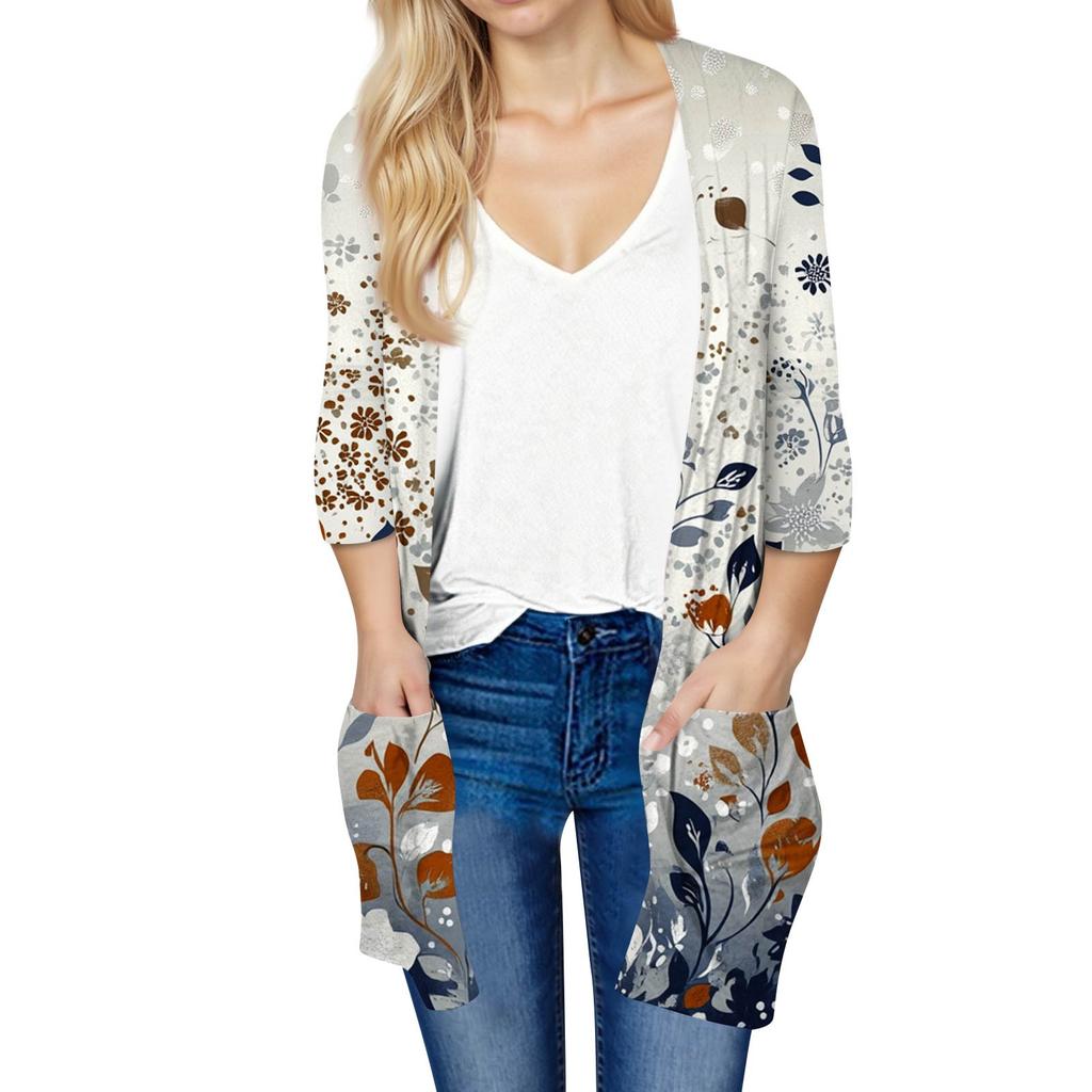 Женский модный свободный повседневный кардиган с принтом и карманами, куртка с рукавом семь восьмых, топ