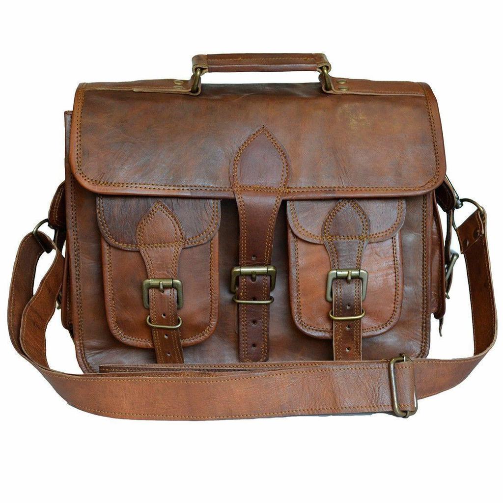 Brown Men's Goat Leather Vintage Laptop Shoulder Handmade Briefcase Bag Satchel