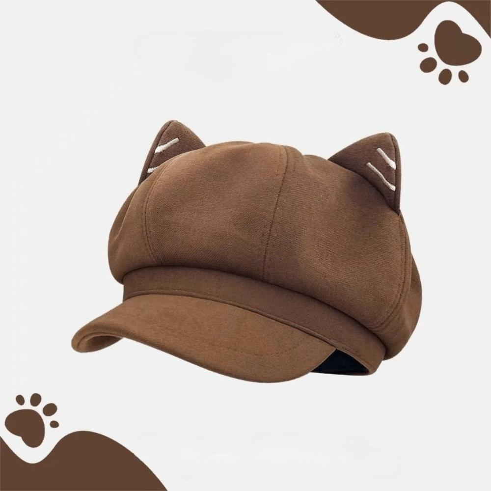 Woolen Cat Ear Hat Solid Color Octagonal Cap Retro British Beret Hat  Painter