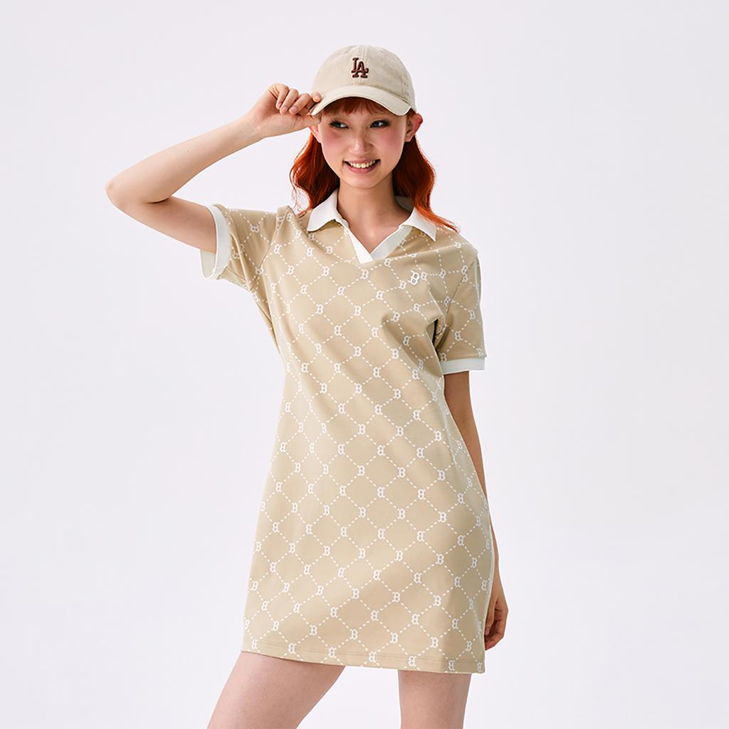 Новая коллекция MLB MONOGRAM Платье с коротким рукавом женское Boston Red Sox SS25 Светло-бежевый 3FOPM0453-43BGL