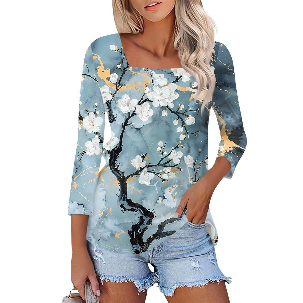 Shirt For Women's Fashion Casual Square Neck 3/4 Sleeve Loose Printed T-Shirt Ladies Top