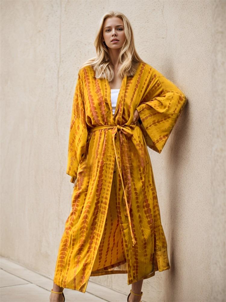 2024 отпуск сексуальный купальник накидка в стиле бохо с принтом тай-дай кимоно с поясом кардиганы для женщин домашнее платье большого размера одежда для пляжного отдыха Q1314