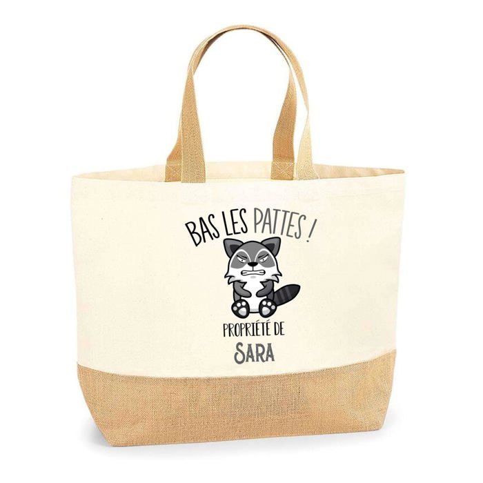 Sac cabas - PLANETEE - Sara Bas les pattes Raton laveur - Jute naturel - Imprimé en France - Anses solides