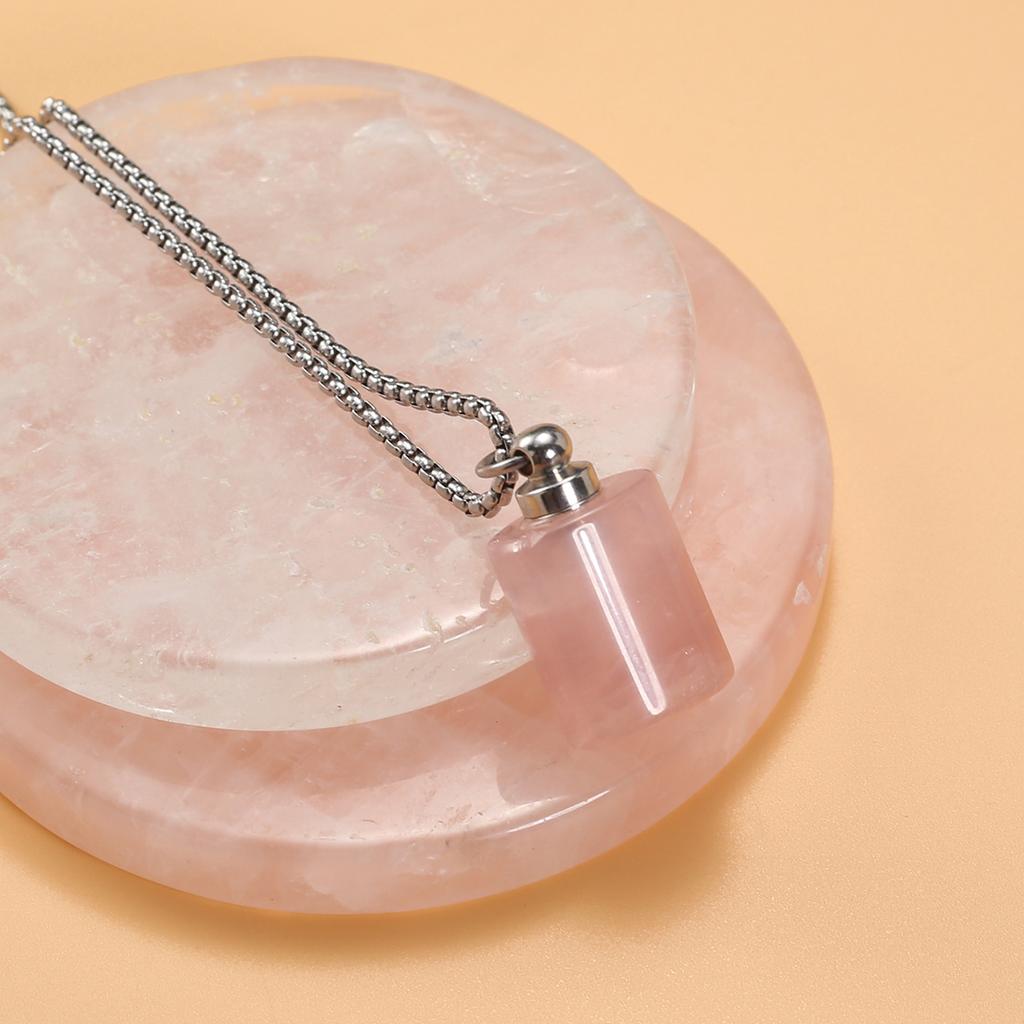 1Pc Healing Crystal Perfume Bottle Necklace Pendant Flat Cylinder Charm Silver Chain Necklaces for Women Jewellery 30x18mm
