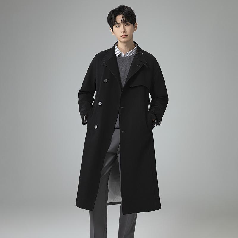 Men's Single Breasted Long Trench Coat Windproof Classic Lapel Overcoat with Belt