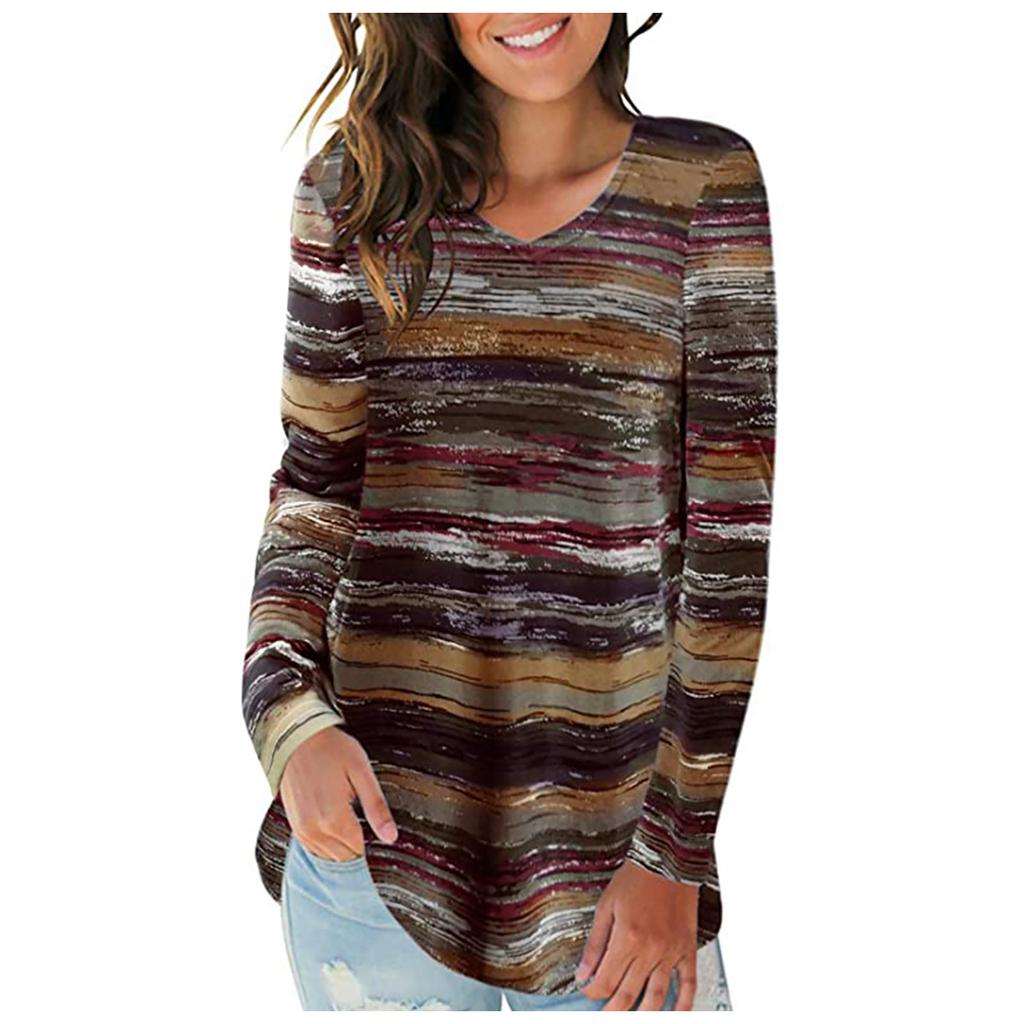 Женская модная свободная повседневная футболка с v-образным вырезом и длинными рукавами с принтом