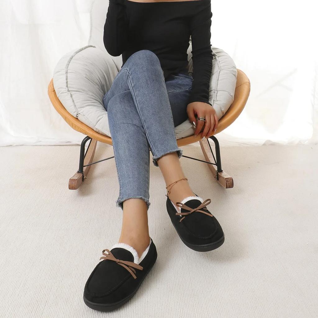 2024 New Womens Winter Bow Ankle Boots Slip On Casual Snow Boots Plush Fur Warm Cotton Shoes Outdoor Casual Ladies Flat Shoes