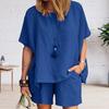 Women's Cotton Linen 2-Piece Outfit Short Sleeve Crewneck Pullover Top And Shorts Set with Pockets Summer Casual Loungewear Tracksuit