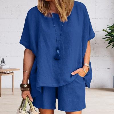 Женский комплект из хлопка и льна, состоящий из 2 предметов: свитер с короткими рукавами, круглым вырезом, топом и шортами с карманами, летняя повседневная домашняя одежда, спортивный костюм