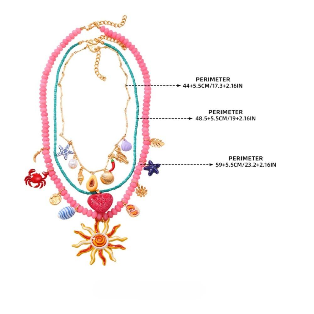 3PCS Dopamine Summer Vacation Beaded Necklace Heart Ocean Style Pendant Necklaces