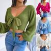 Women's Fashion Bow V-neck Solid Color  Crop Sweater