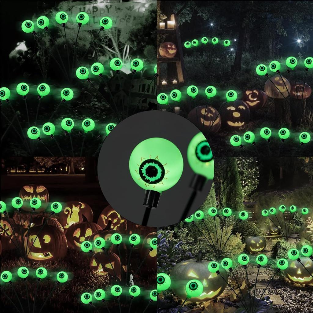 Dazzle Bright Halloween Decorations Outdoor, 4 Pack 24LED Solar Eyeball Pathway Lights, Scary Waterproof Solar Green Firefly Lights for Garden Lawn