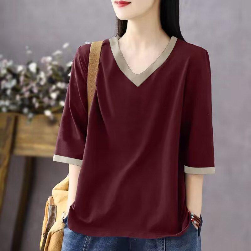 Foreign Trade Export Clearance Leakage 100% Pure Cotton V-neck Short sleeve T-shirt Women Summer Loose Belly Covering Slimming All-Matching Top