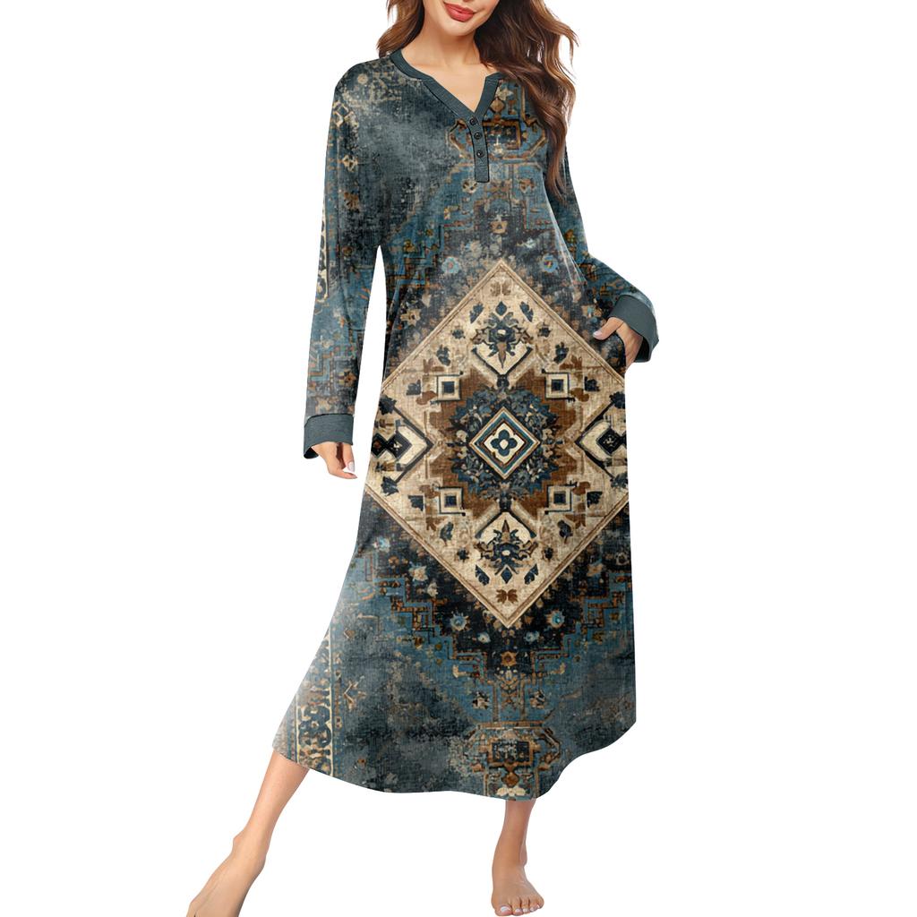 Женская ночная сорочка длинная домашняя одежда с V-образным вырезом и карманами