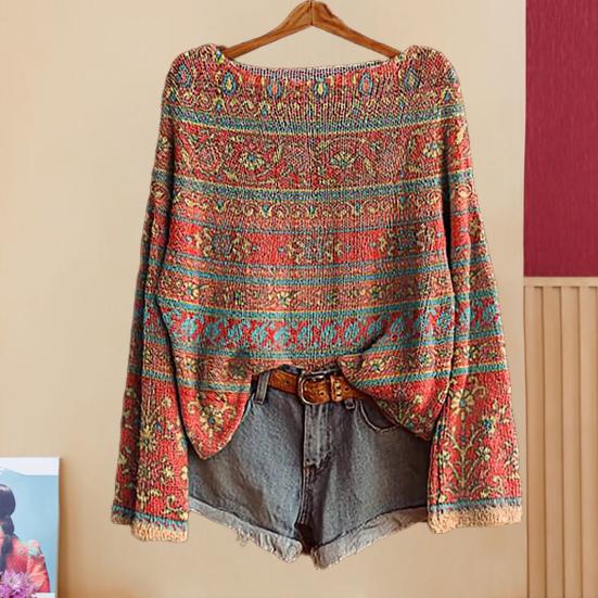 Женский осенний свитер с круглым вырезом и длинным рукавом, винтажный пуловер оверсайз, этнические графические вязаные топы для повседневной носки