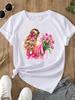 (Asian Size)  Sweet Lovely Flower Cute O-neck Women's Top T Clothing Print Short Sleeve T-shirts Fashion Female Casual Graphic Tee