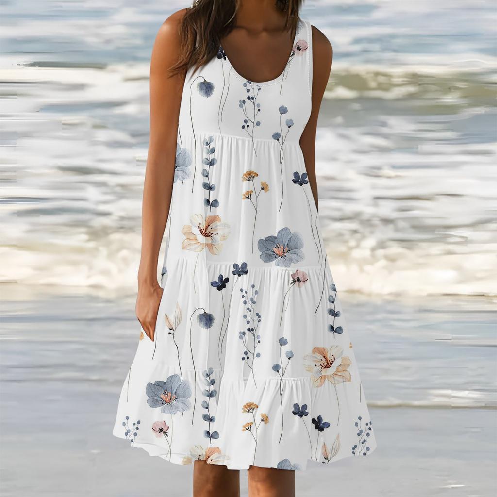 Женские платья-жилеты Лето-весна Плиссированные богемные платья Симпатичные струящиеся пляжные платья без рукавов Прямая футболка Платья-майки Платья с круглым вырезом