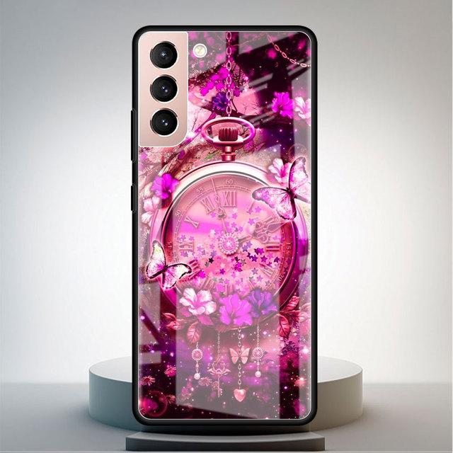 Чехол из закаленного стекла для Samsung Galaxy S22 S21 Ultra S20 Fe S10 S9 S8 S22 S21 Plus Note 20 10 Phone Funda Rose Butterfly Flower