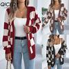 Autumn and Winter Color-blocking Checkered Lantern Sleeve Cardigan Sweater Mid-length Coat Women's Wear