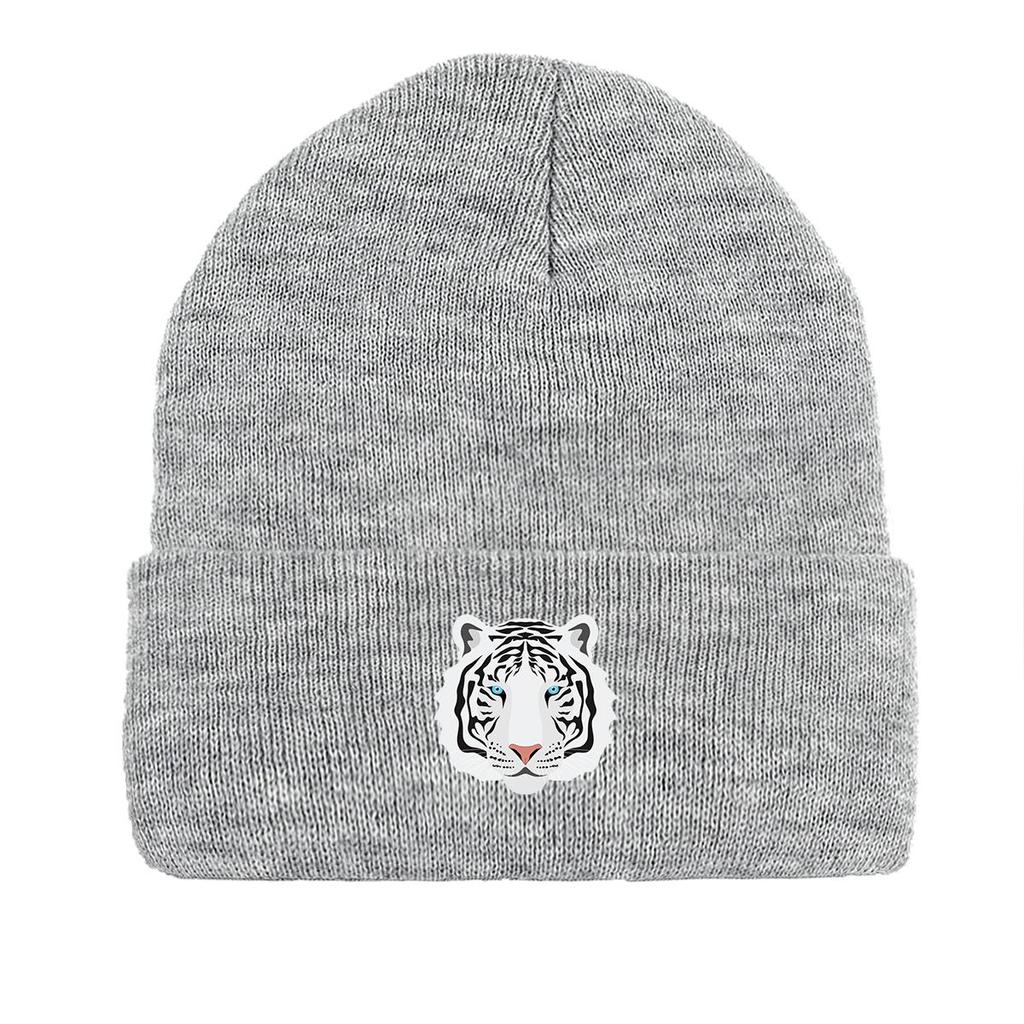 White Tiger Print Knit Hat Beanie, Animal Skull Cap Fit Autumn Simple Pompom Beanies Knitted Cap Beanie