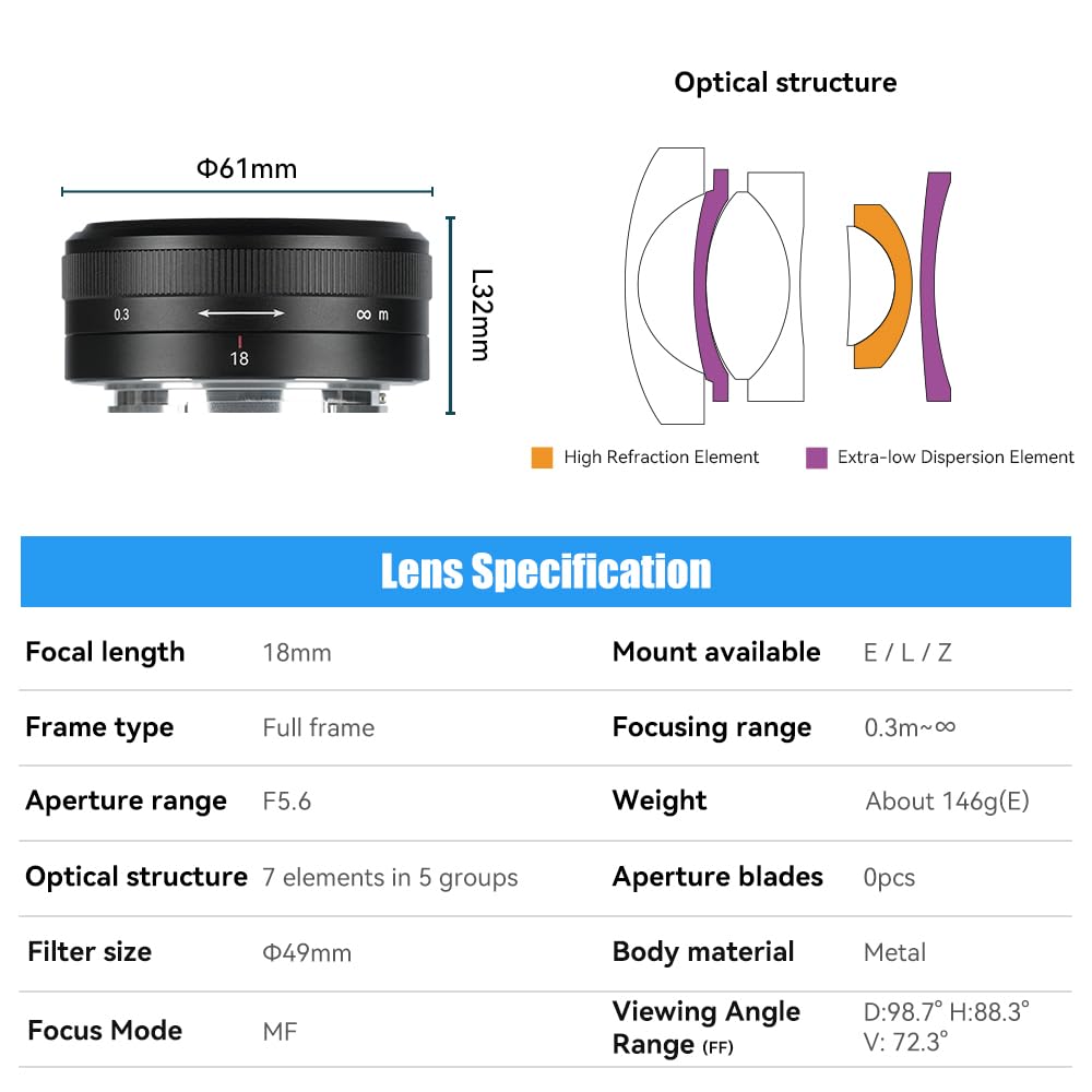 7artisans 18mm Ultra Pancake Lightweight Minimum Focusing Ideal for and Street Photography F5.6 Wide-Angle Lens, Full-Frame Compatible, Lens, (146g),