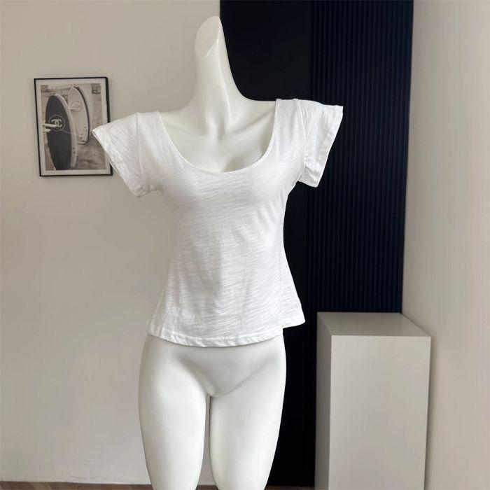 Розовая футболка из бамбукового хлопка с U-образным вырезом, облегающего кроя, с короткими рукавами для женщин - Летний корейский стиль