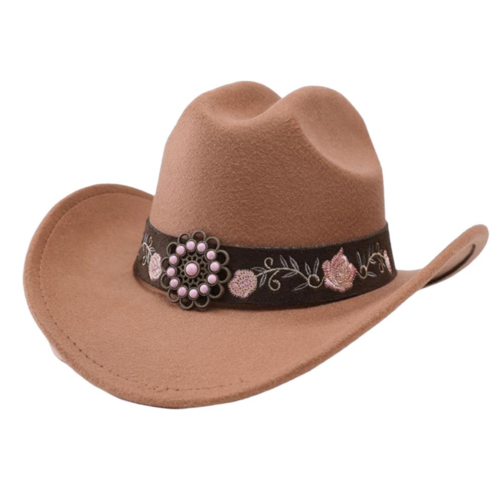 Soft Fedora Hat Floral Embroidery Sun Hat Vintage Felt Western Cowboy Hat Travel Outdoor