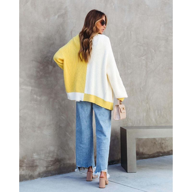 Autumn and Winter Women's Clashing Colours Loose Shawl Mid-Length Sweater Cardigan