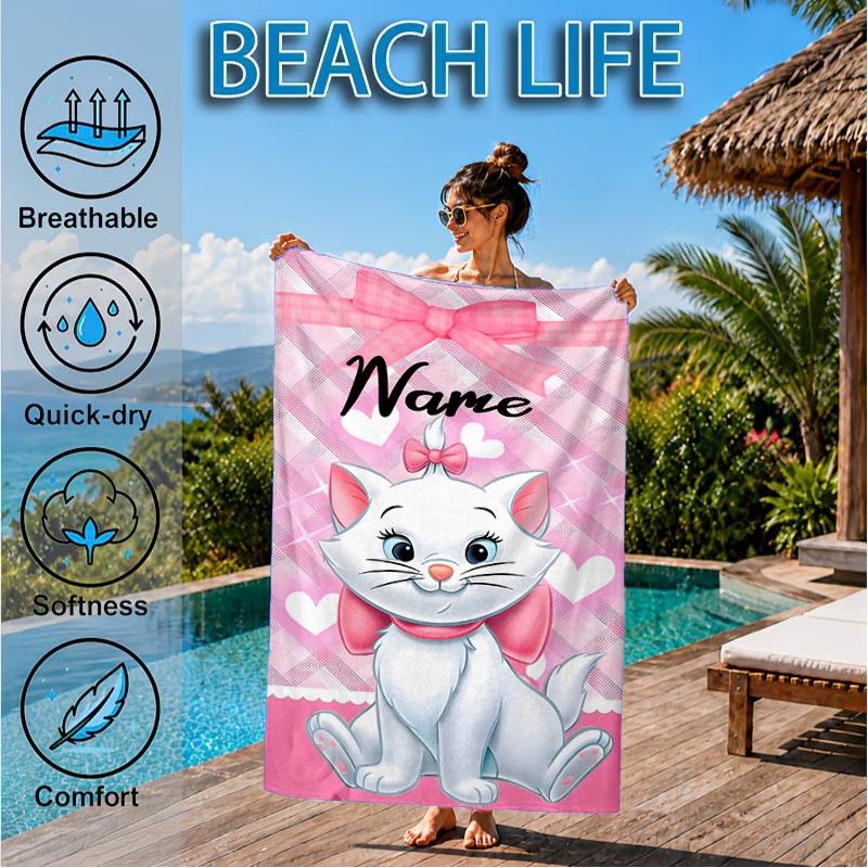 Custom Name Marie cat Microfiber Beach Towel, Quick-Dry, for Summer Travel, Beach Essential, Picnic Essentials, Swimming Pool