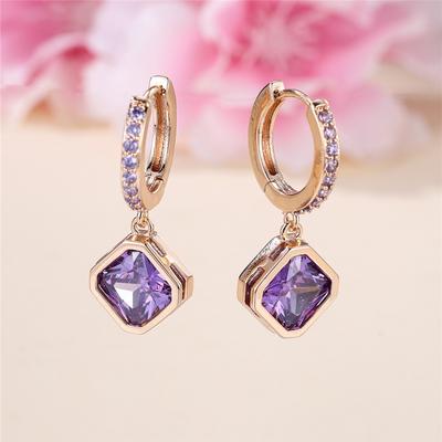 Изящные женские серьги-кольца с фиолетовым квадратным круглым камнем цирконом, милые серьги золотистого цвета, подарки для девушки, свадебные украшения для женщин