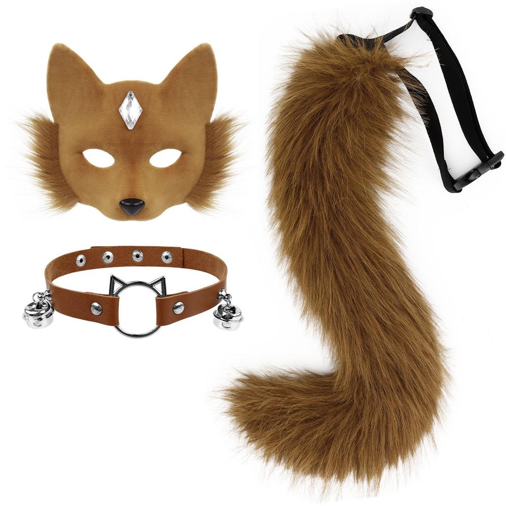 Halloween Fox Tail Collar Set Masquerade Half-Face Fox Mask Halloween Accessories cos Props