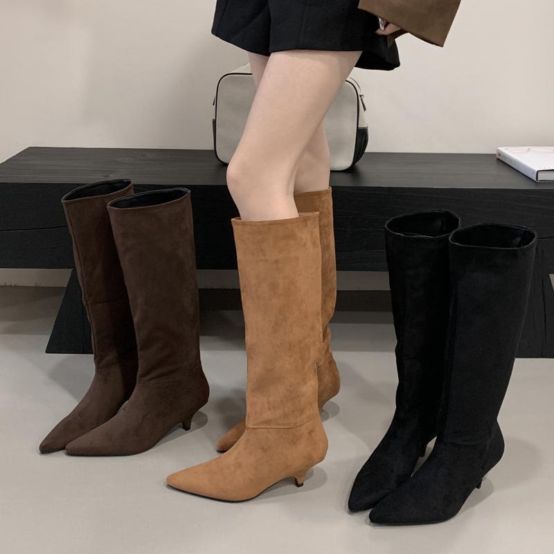 Eilyken Зимние женские сапоги до колена с острым носком, модные туфли на тонком низком каблуке, дизайнерские плиссированные ботильоны