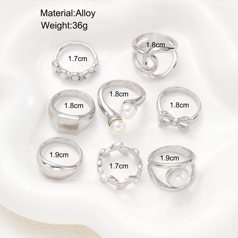 8Pcs/Set Punk Silver Color Bowknot Rings for Women Vintage Imitation Pearl Irregular Leaf Rings Set Jewelry Wholesale