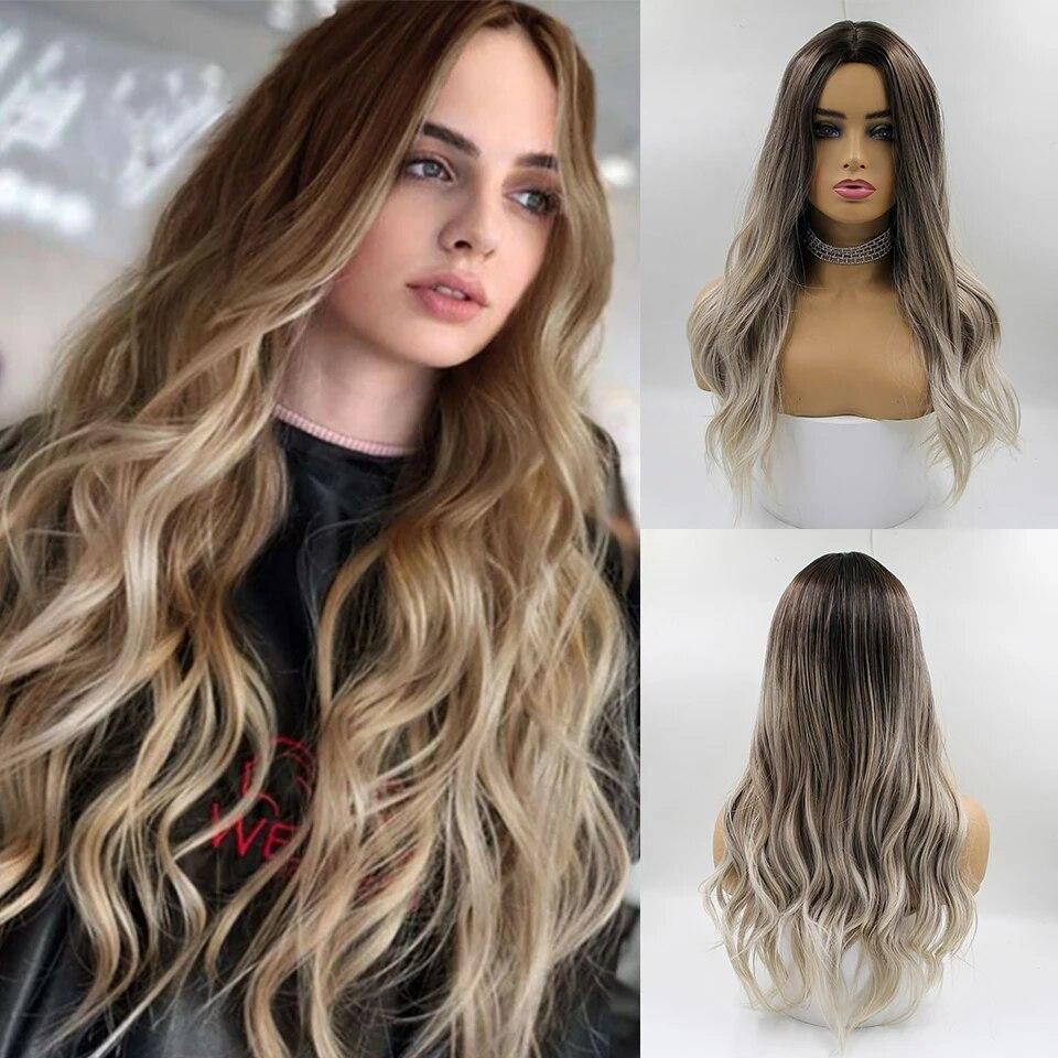 Длинные коричневые синтетические парики с эффектом омбре для женщин, волнистые парики из натуральных волос, средняя часть, женский парик, косплей, термостойкие волокна, парики