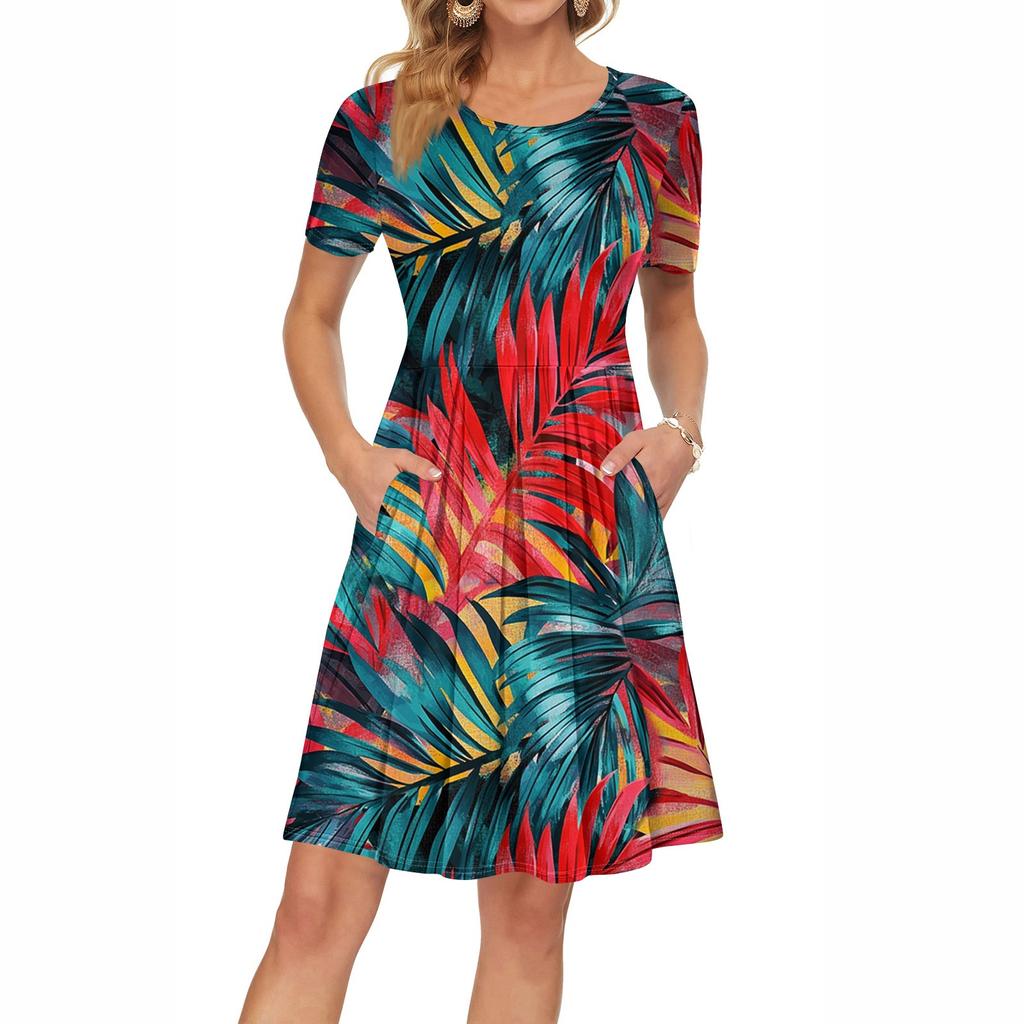 Женское платье с коротким рукавом, плиссированное, свободное, повседневное платье с карманами, платья длиной до колена