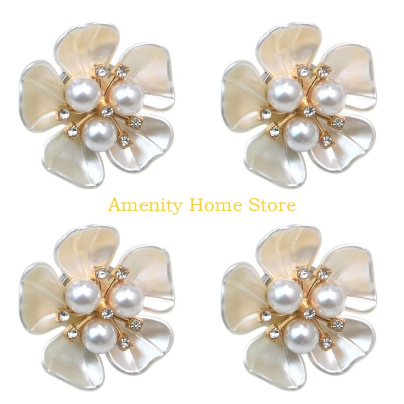 F26C 4Pcs Decorative Shirt Button Covers Pearls Rhinestones Embellished Cufflinks Clips For Shirt Jackets Dress Decoration