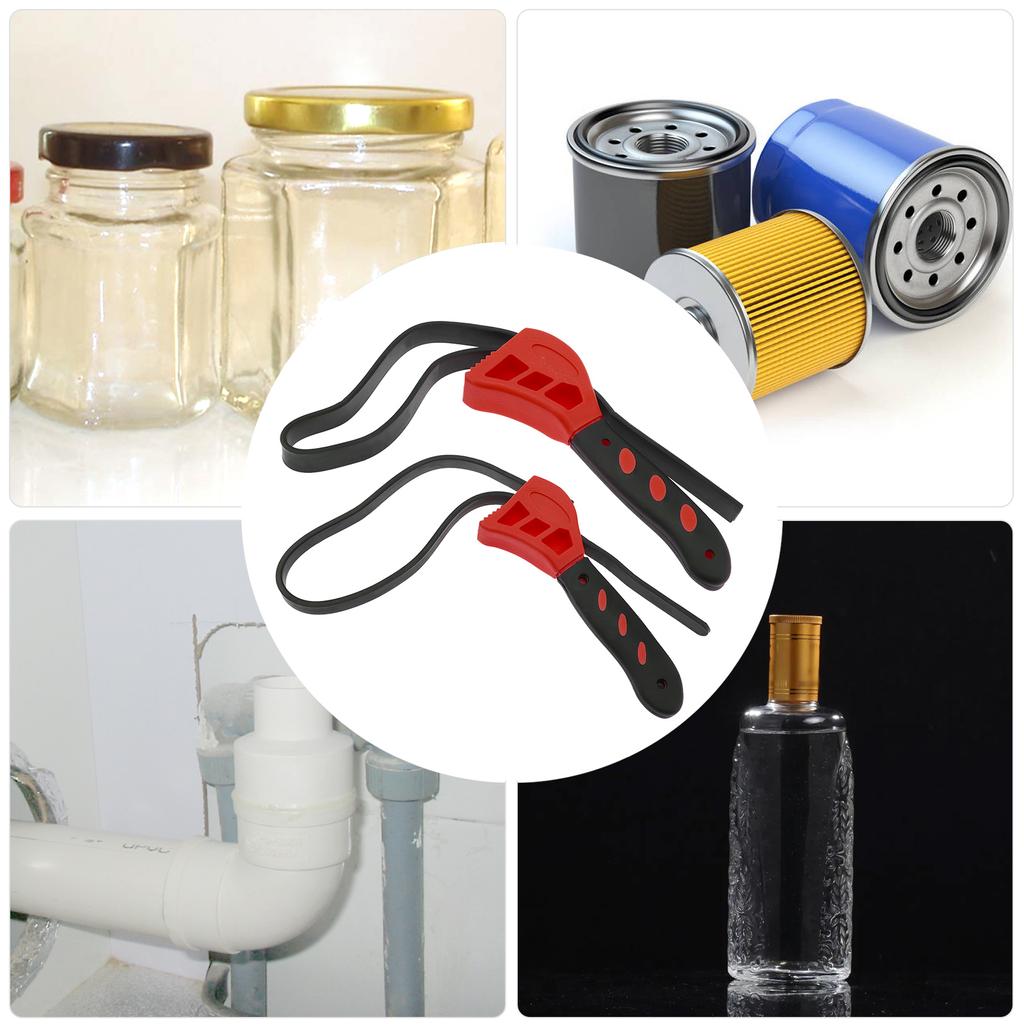 2PCS Adjustable Rubber Strap Wrench Fit for Oil Filter Element, Pipeline, Can Opener, 8 Inch and 6 Inch Handle Lengths Rubber Strap Wrench