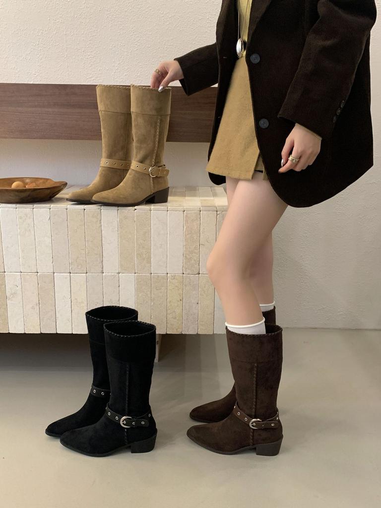 Retro Stacking Boots 2025 Autumn and Winter New Thick Heel Buckle Western Cowboy British Style Knight Boots Casual Mid Boots