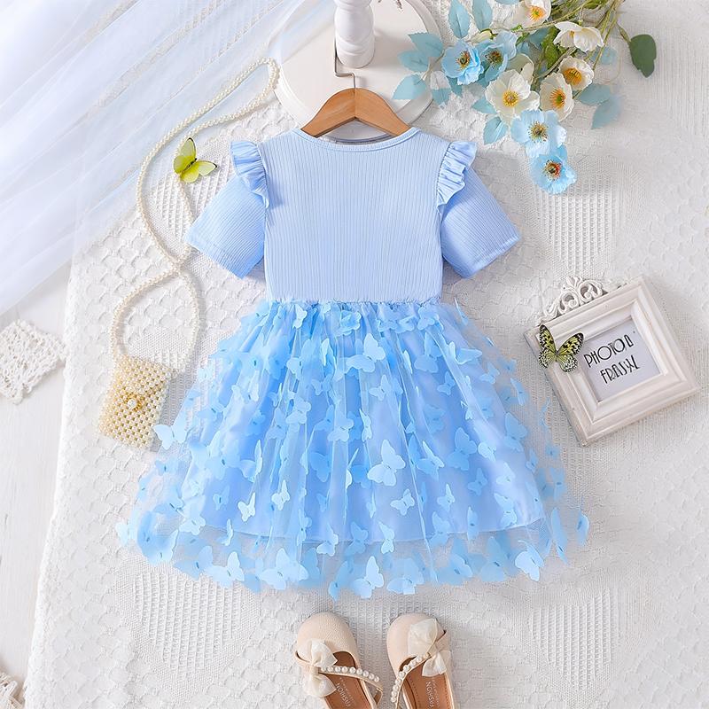 Girls Butterfly Tulle Dress, Print on the wooden stake,Cute Princess Party Dress with Bow, Short Sleeve Summer Dress for Little Girls