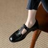 Fashion New Spring/summer Mary Jane Shoes for Women Split Leather Round Toe Thick Heel Shoes Casual Brogues Black Chunky Heel Shoes