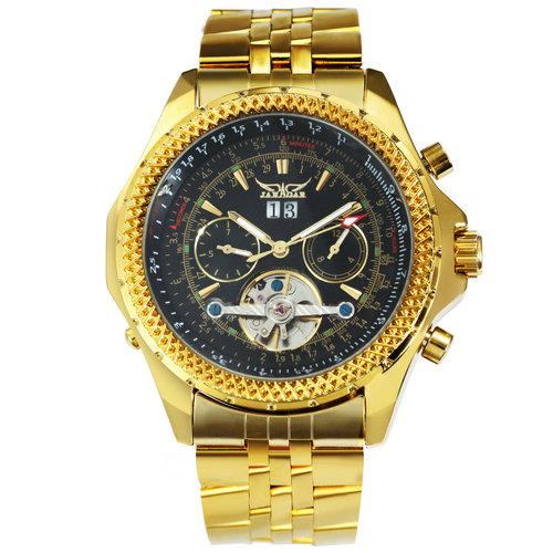 Jaragar Top Brand Auto Men Watches Tourbillon 2 Small Working Sub-dials Full Steel Golden Luxury Mechanical Wristwatches For Man