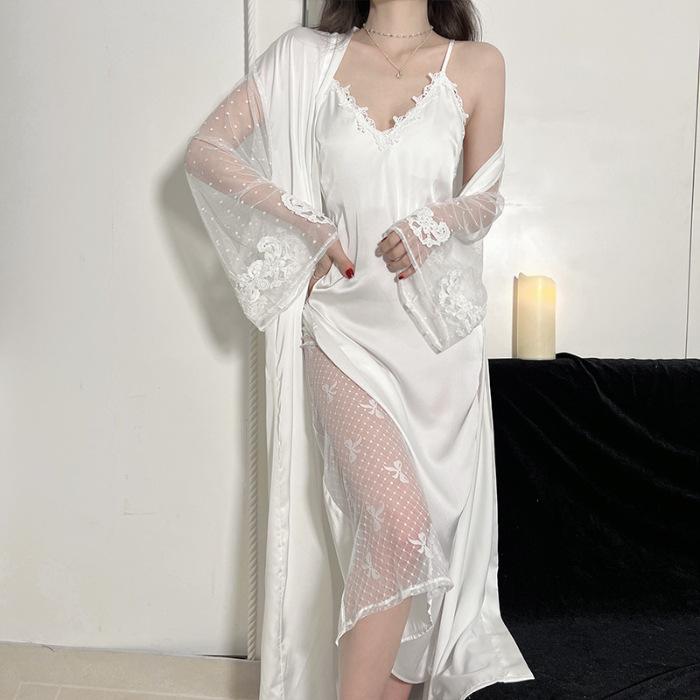 Spring Summer Long Kimono Bath Robe Gown Female Sleepwear Nightgown Two-Piece Set Sexy Lace Nightdress Casual Rayon Homewear