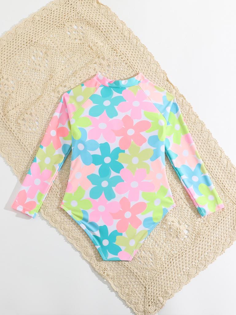 Модный комплект из 3 предметов для девочек, топ с цветочным принтом, однотонный купальник с короткими рукавами, купальный костюм