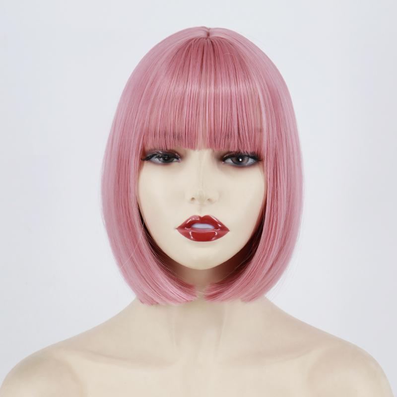 MISSQUEEN Women Cosplay Light Purple Shoulder Length Straight Bob Wig with Bangs Cosplay Purple Short Hair Synthetic Fiber Halloween Wig