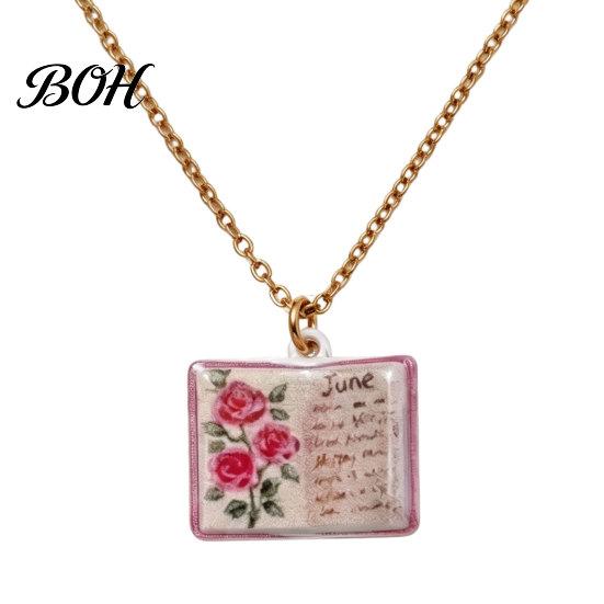 Minimalist Book Pendant Women Birth Flower Necklace, Floral January to Everyday Wear Necklace December Month Gift for Wife Girlfriend Unique