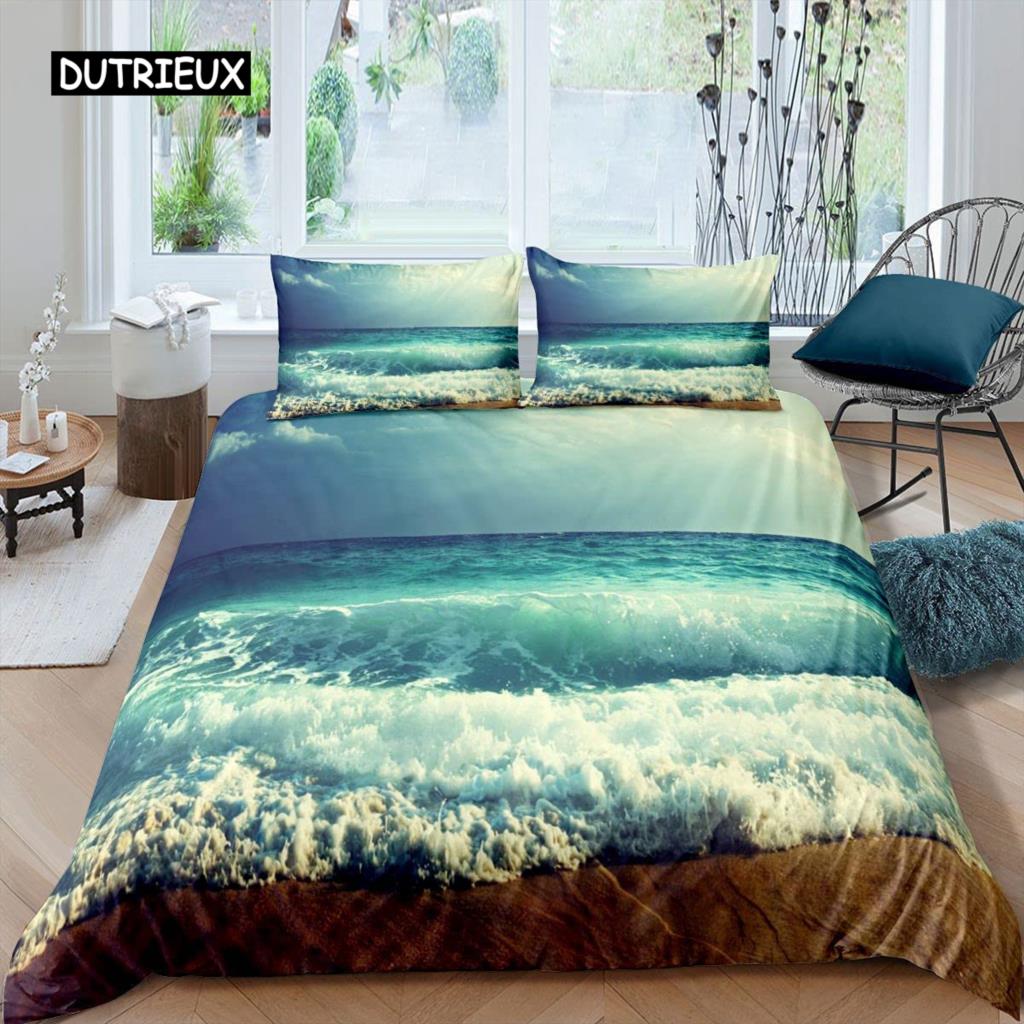 Комплект постельного белья Ocean Wave с изображением пляжа и пенистых волн, комплект постельного белья для двоих, полиэстер, морской берег, праздничная тема, королева, размер King Size, пододеяльник